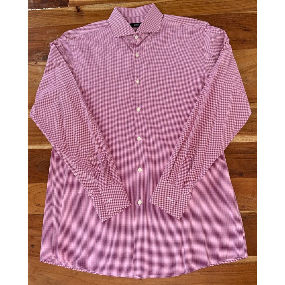Hugo Boss Slim Fit Dress Shirt Mens Pink White Micro Check Long Sleeve Cotton
